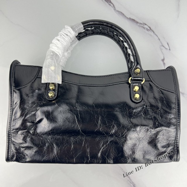 Balenciaga專櫃爆款手提女包 巴黎世家原版油蠟頭層牛皮香皮鳳梨金釘中號機車包 fyj1342